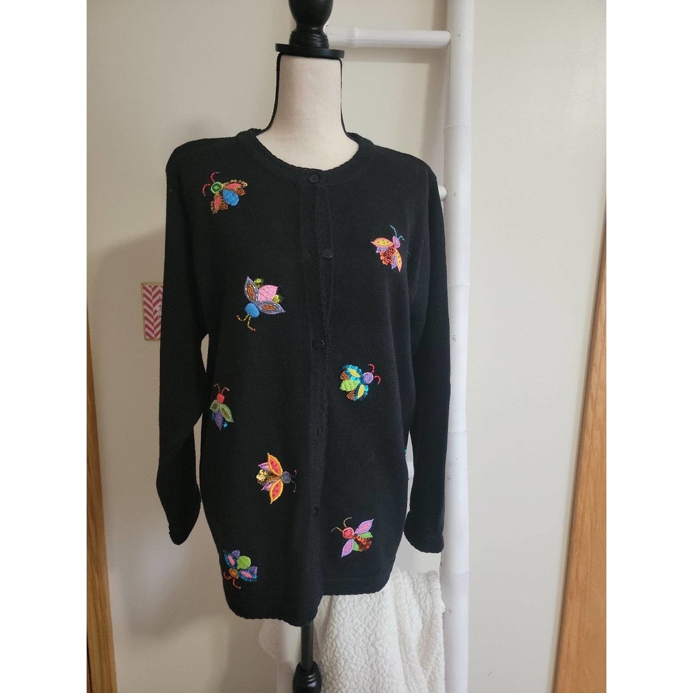 The Quacker Factory Black Embroidered Cardigan Sz L Lightning Bugs Bees